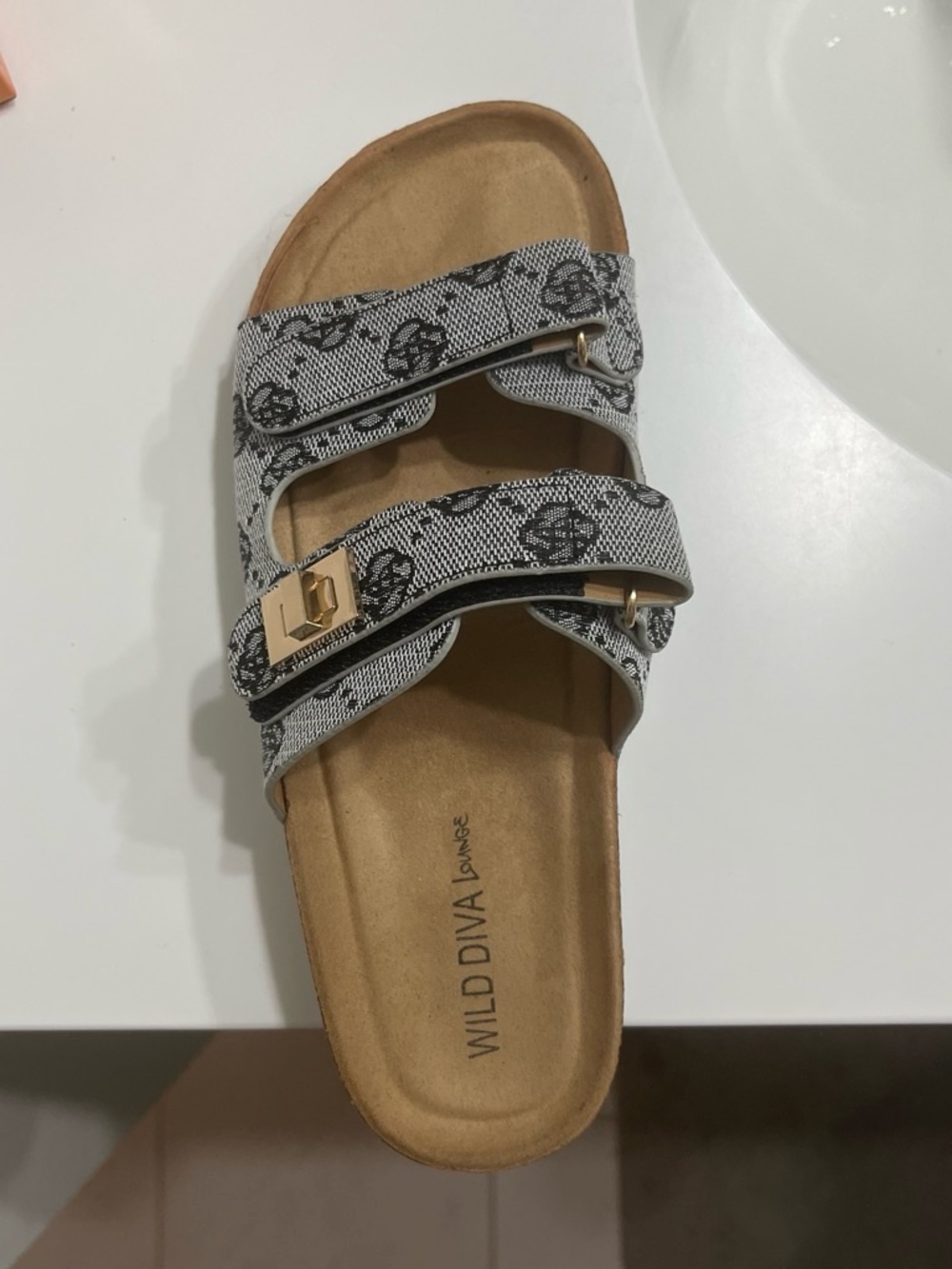 Wild Diva Gray Logo Double-Strap Slide Sandal with Gold Buckles